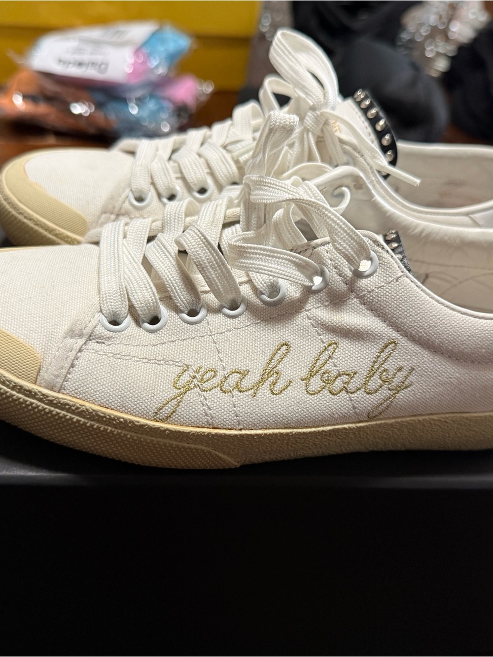 Saint Laurent White Canvas 'yeah baby' Sneakers with Gold Embroidery